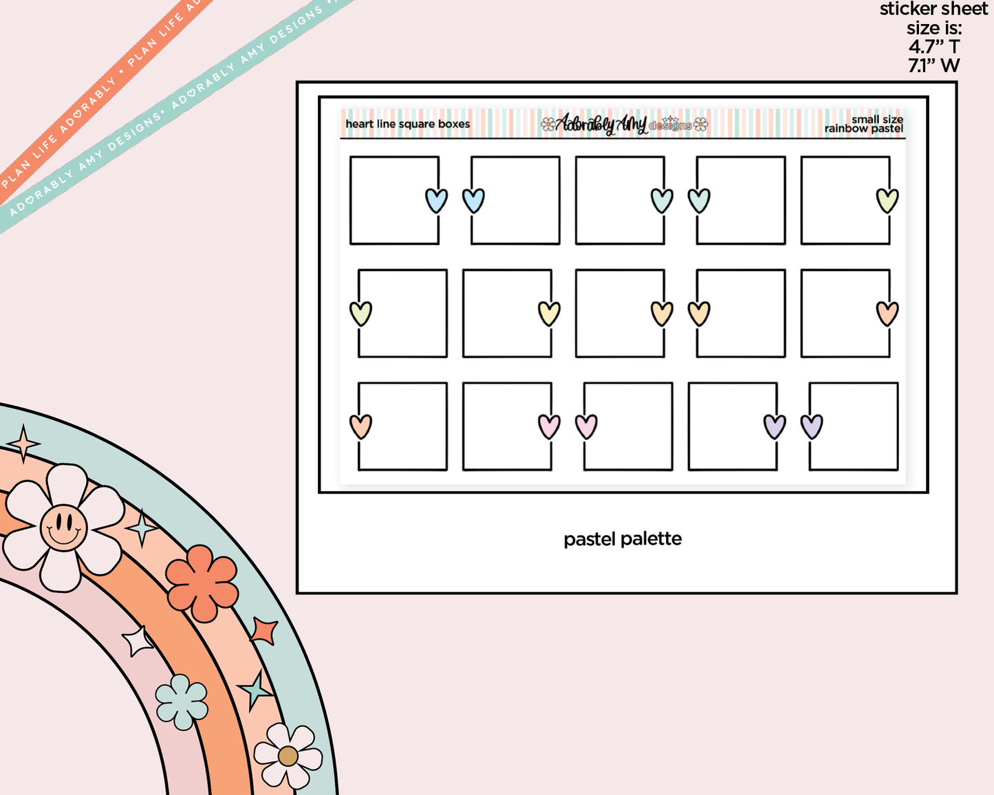 Rainbow Doodled Heart Line Square Boxes Small Size Planner Stickers