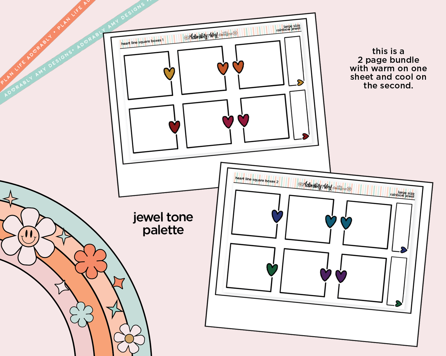 Rainbow Doodled Heart Line Square Boxes Large/Jumbo Size Stickers