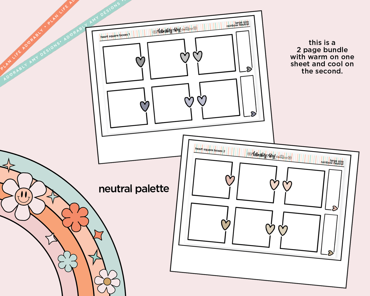 Rainbow Doodled Heart Line Square Boxes Large/Jumbo Size Stickers