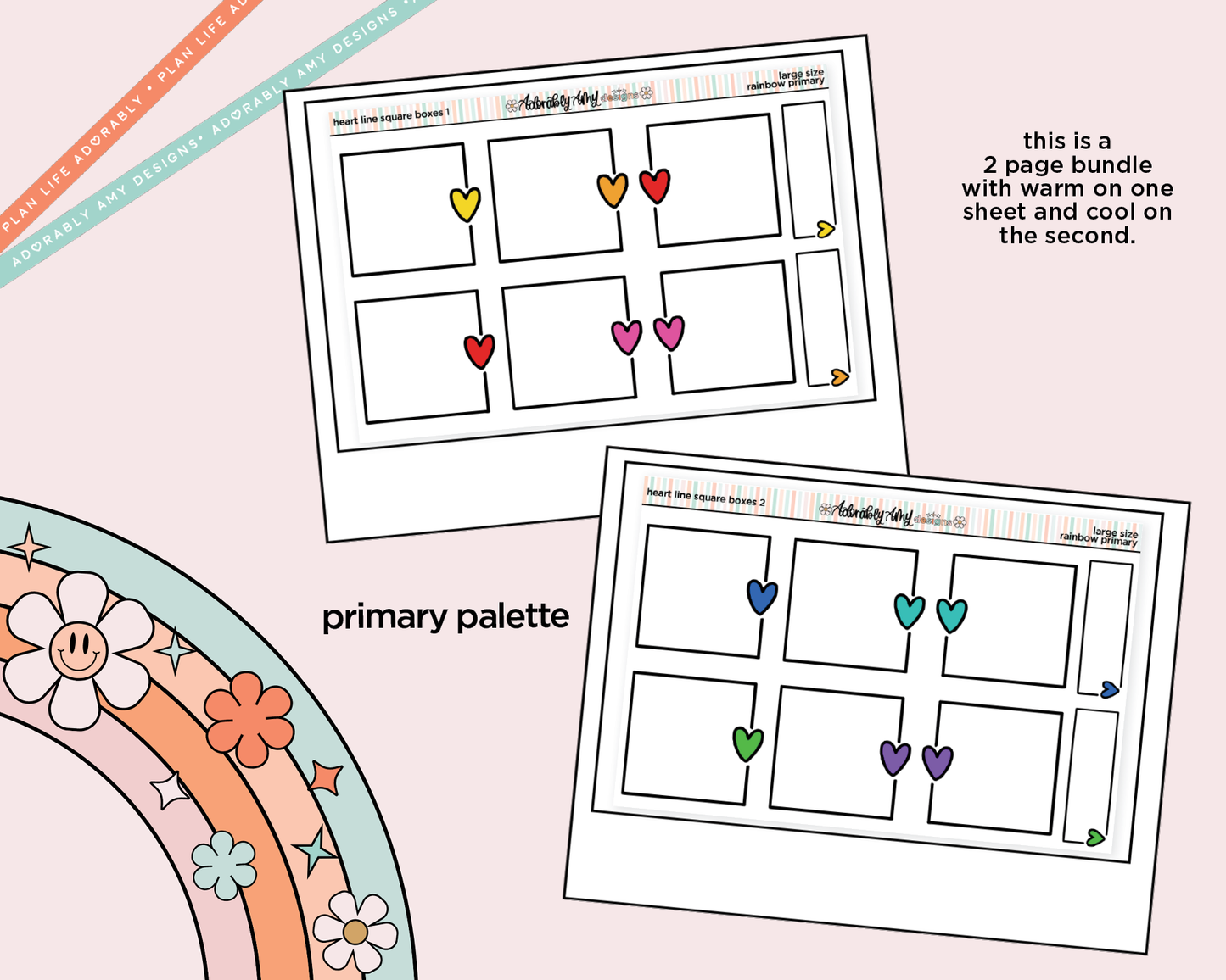 Rainbow Doodled Heart Line Square Boxes Large/Jumbo Size Stickers