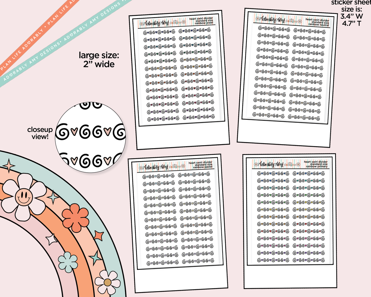 Rainbow Heart Swirl Dividers Large/Jumbo Size Stickers for any Planner or Insert - Adorably Amy Designs