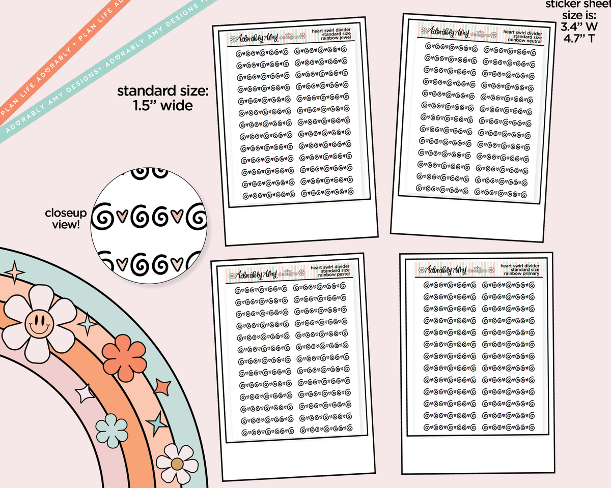 Rainbow Heart Swirl Dividers Standard Size Stickers for any Planner or Insert - Adorably Amy Designs