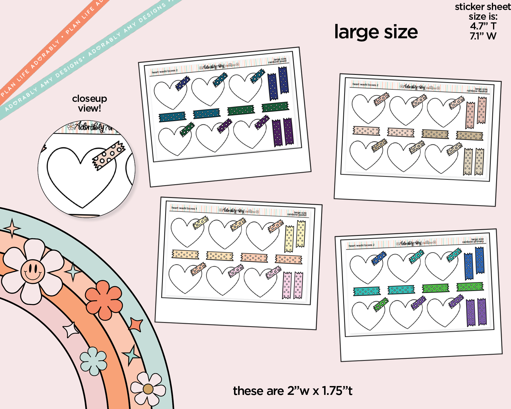 Rainbow Doodled Heart Washi Boxes Large/Jumbo Size Stickers – Adorably ...