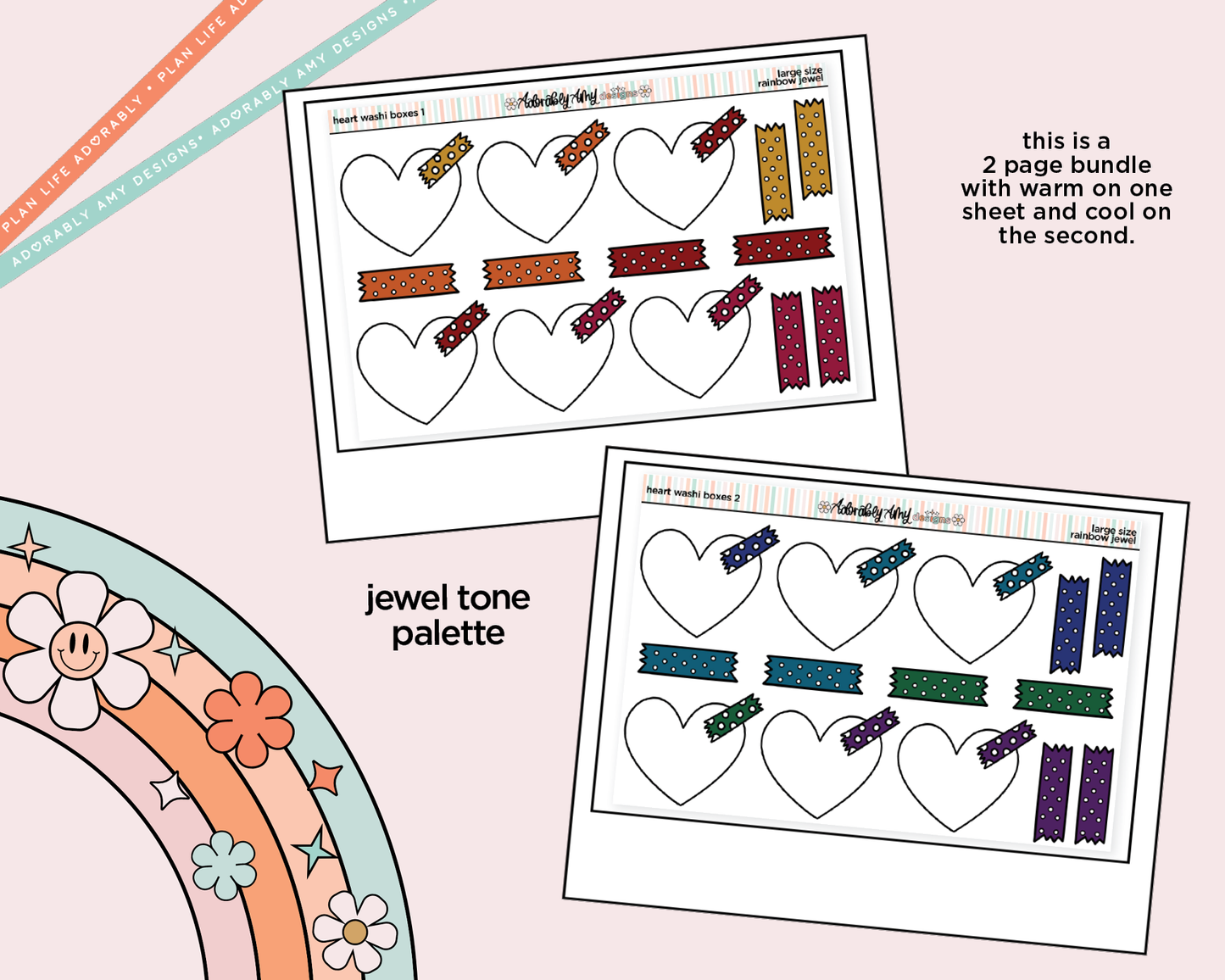 Rainbow Doodled Heart Washi Boxes Large/Jumbo Size Stickers
