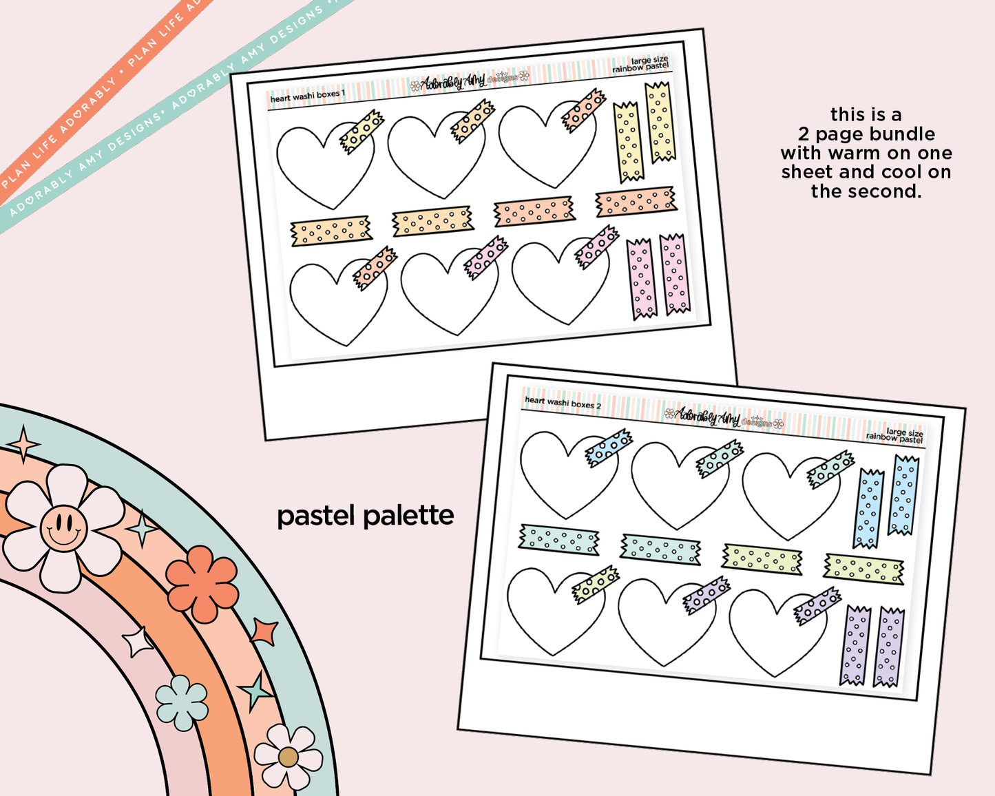 Rainbow Doodled Heart Washi Boxes Large/Jumbo Size Stickers