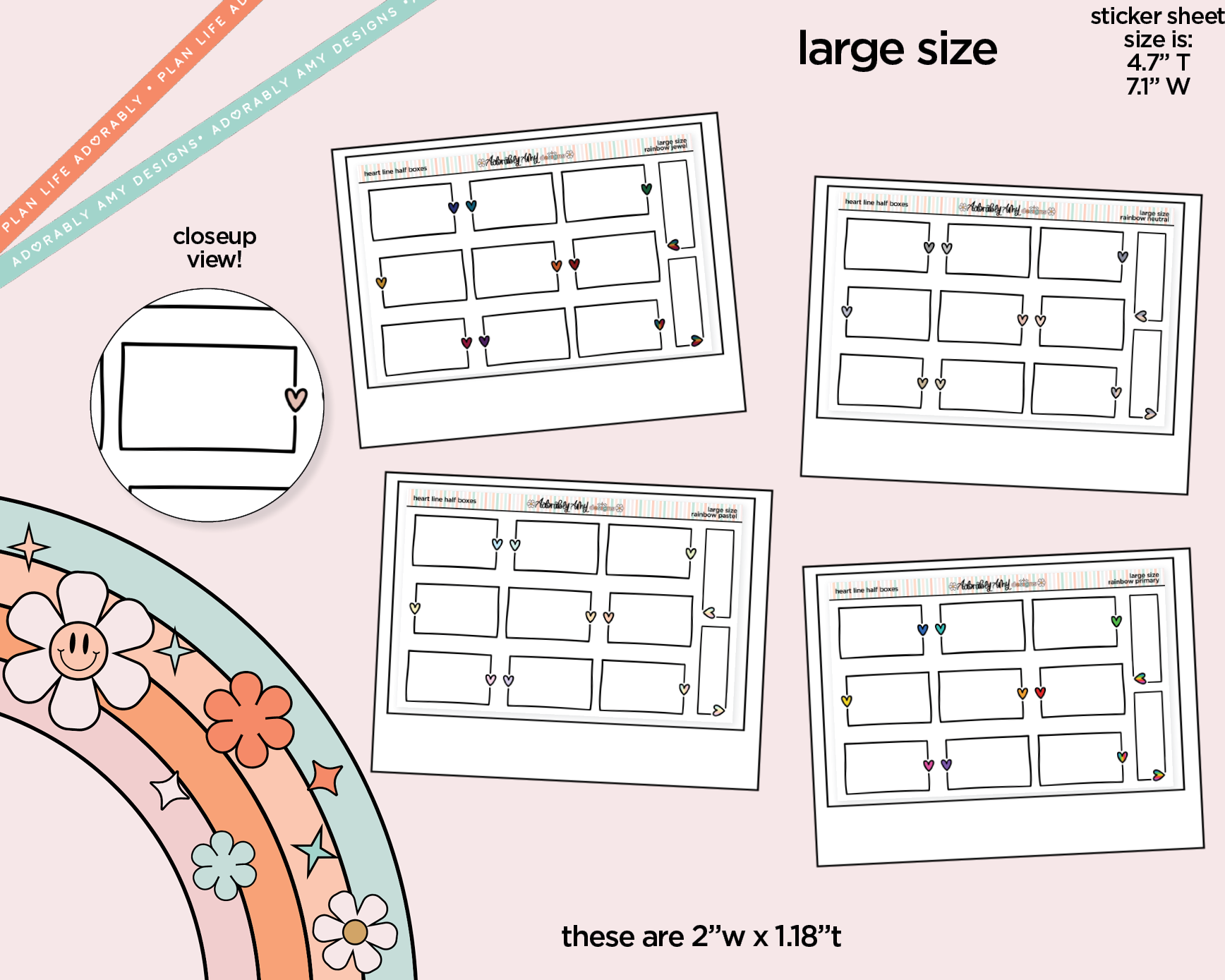 Rainbow Doodled Heart Line Half Boxes Large/Jumbo Size Stickers ...