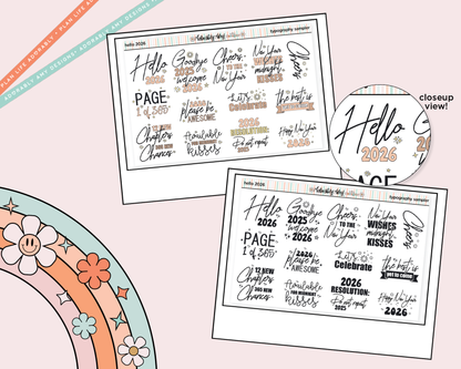 Hello 2026 New Years Deco Typography Sampler Planner Stickers