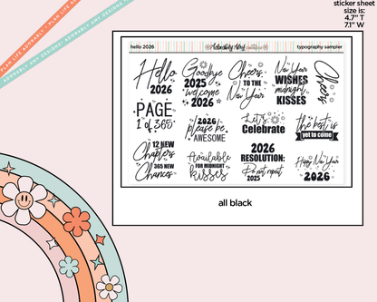 Hello 2026 New Years Deco Typography Sampler Planner Stickers