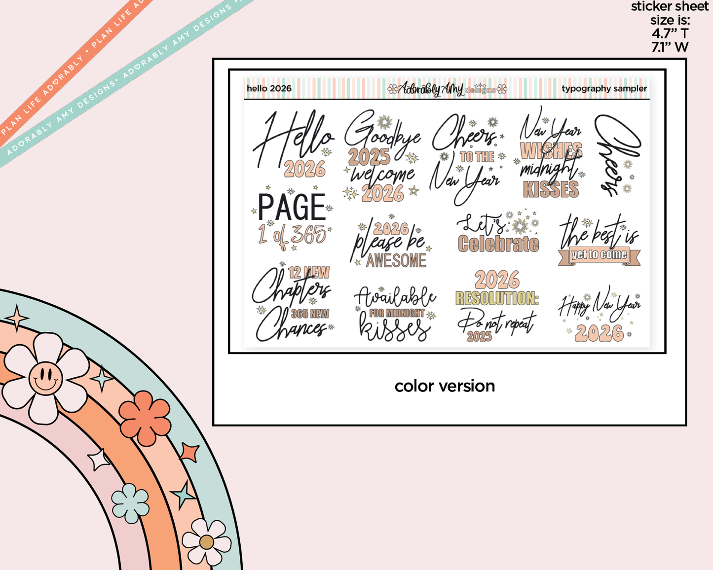 Hello 2026 New Years Deco Typography Sampler Planner Stickers