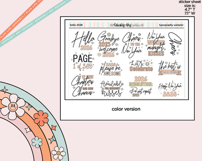 Hello 2026 New Years Deco Typography Sampler Planner Stickers