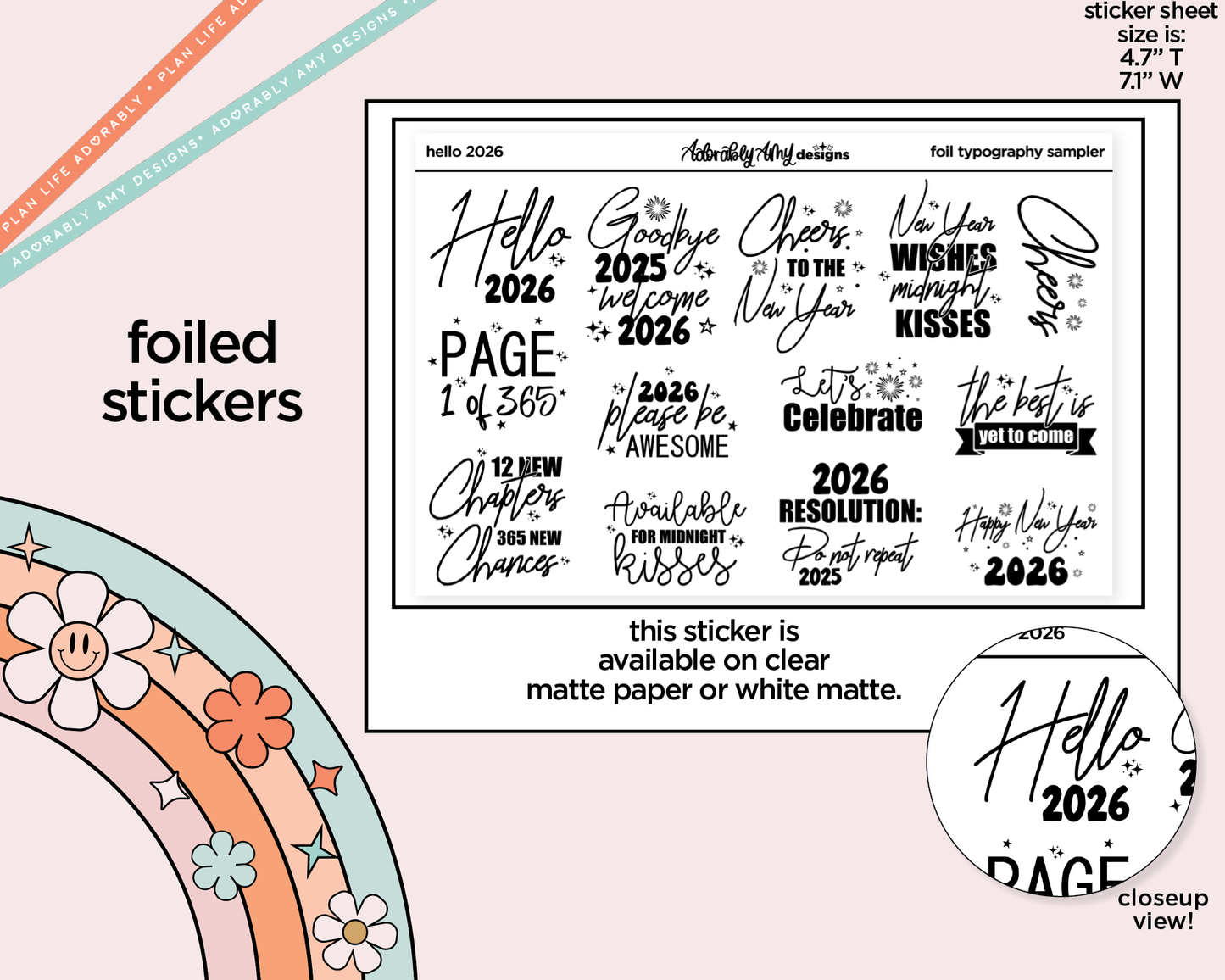 Foiled Hello 2026 New Years Deco Typography Sampler Planner Stickers