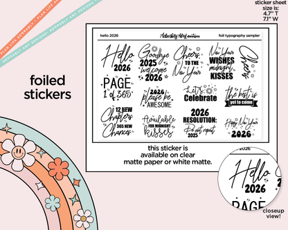 Foiled Hello 2026 New Years Deco Typography Sampler Planner Stickers
