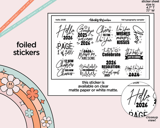 Foiled Hello 2026 New Years Deco Typography Sampler Planner Stickers