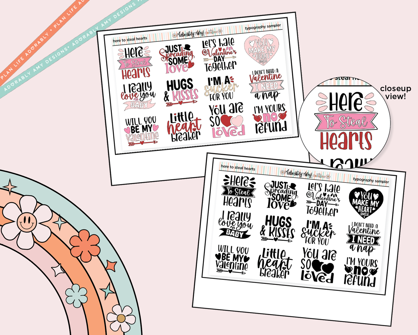 Here to Steal Hearts Deco Typography Sampler Planner Stickers