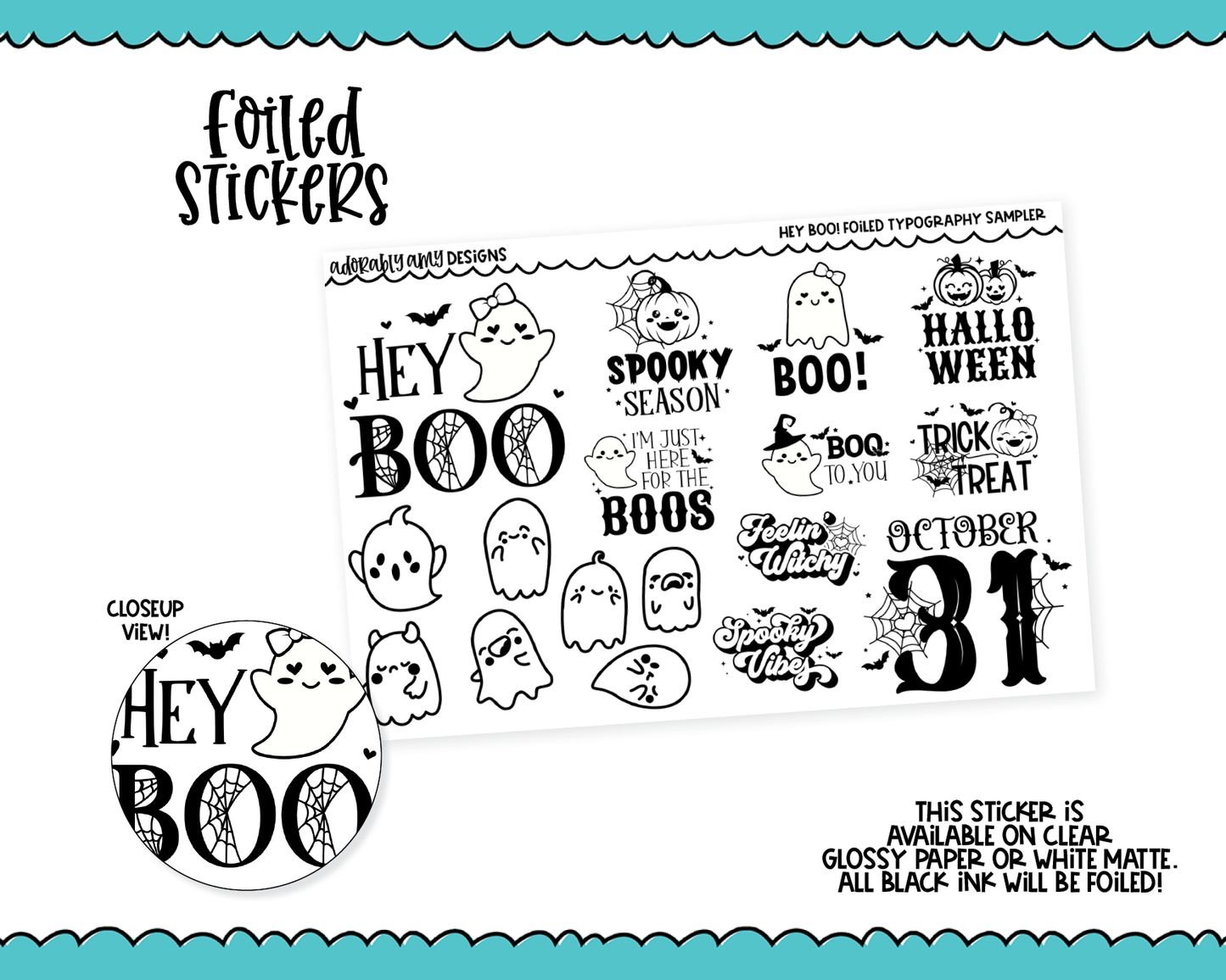 Foiled Hey Boo! Doodled Halloween Ghosts Typography Sampler Planner Stickers for any Planner or Insert