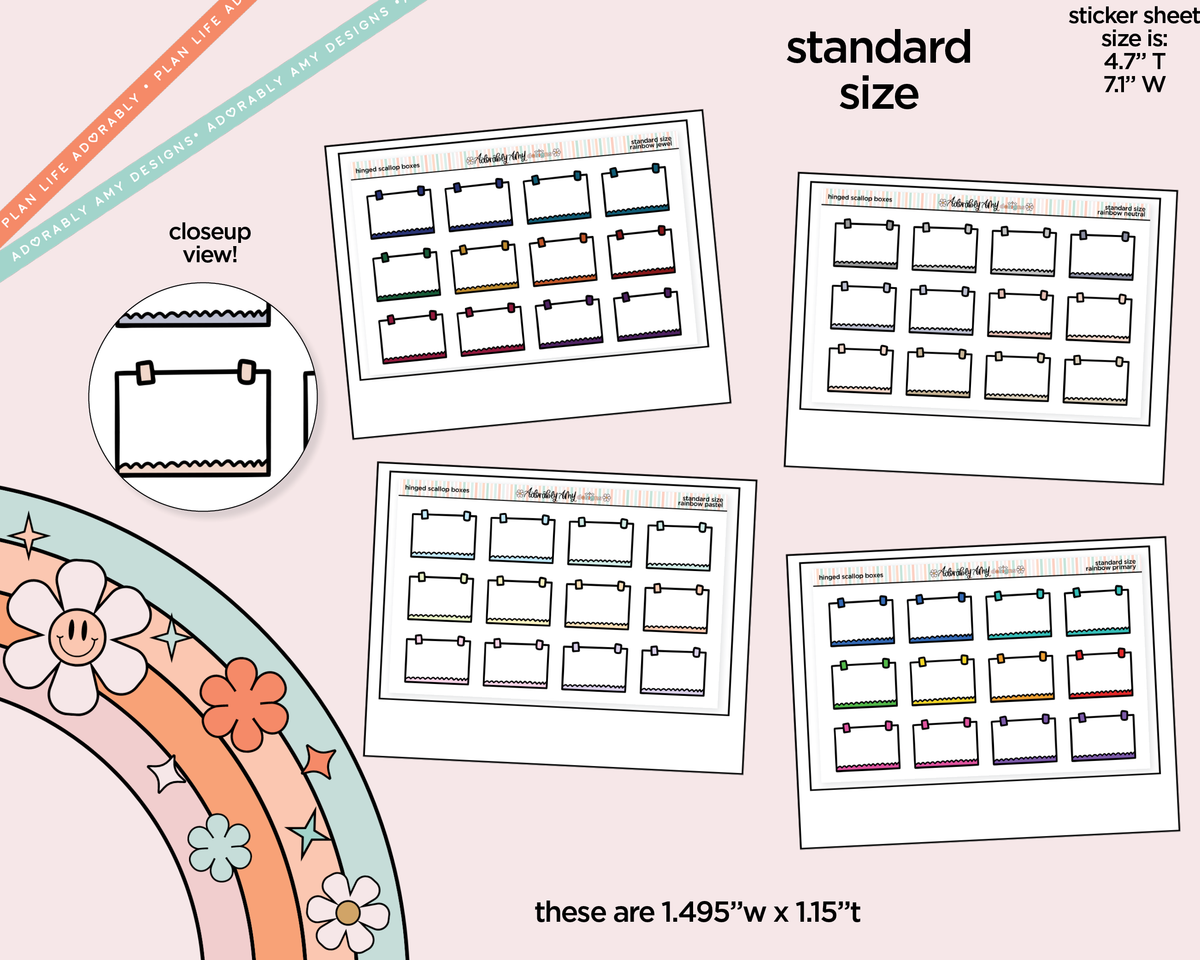Rainbow Doodle Hinged Scallop Boxes Standard Size Planner Stickers - Adorably Amy Designs