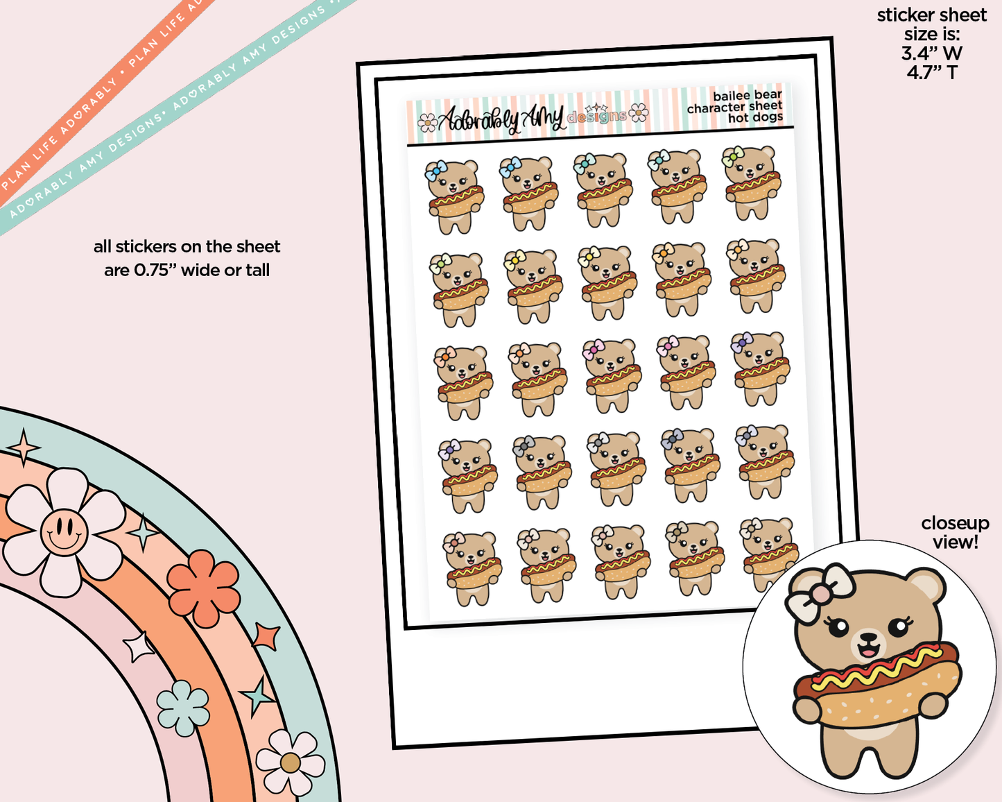 Bailee Bear Hot Dog Decoration Character Planner Stickers