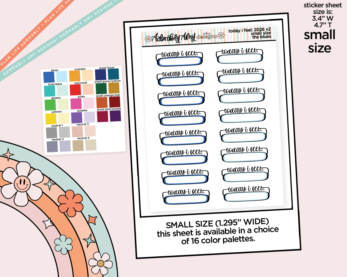 Rainbow Small Size Today I Feel: 2026 - 2 Versions Mood Tracker Boxes Small Size Planner Stickers for Hobonichi Cousin Size Planners - Adorably Amy Designs