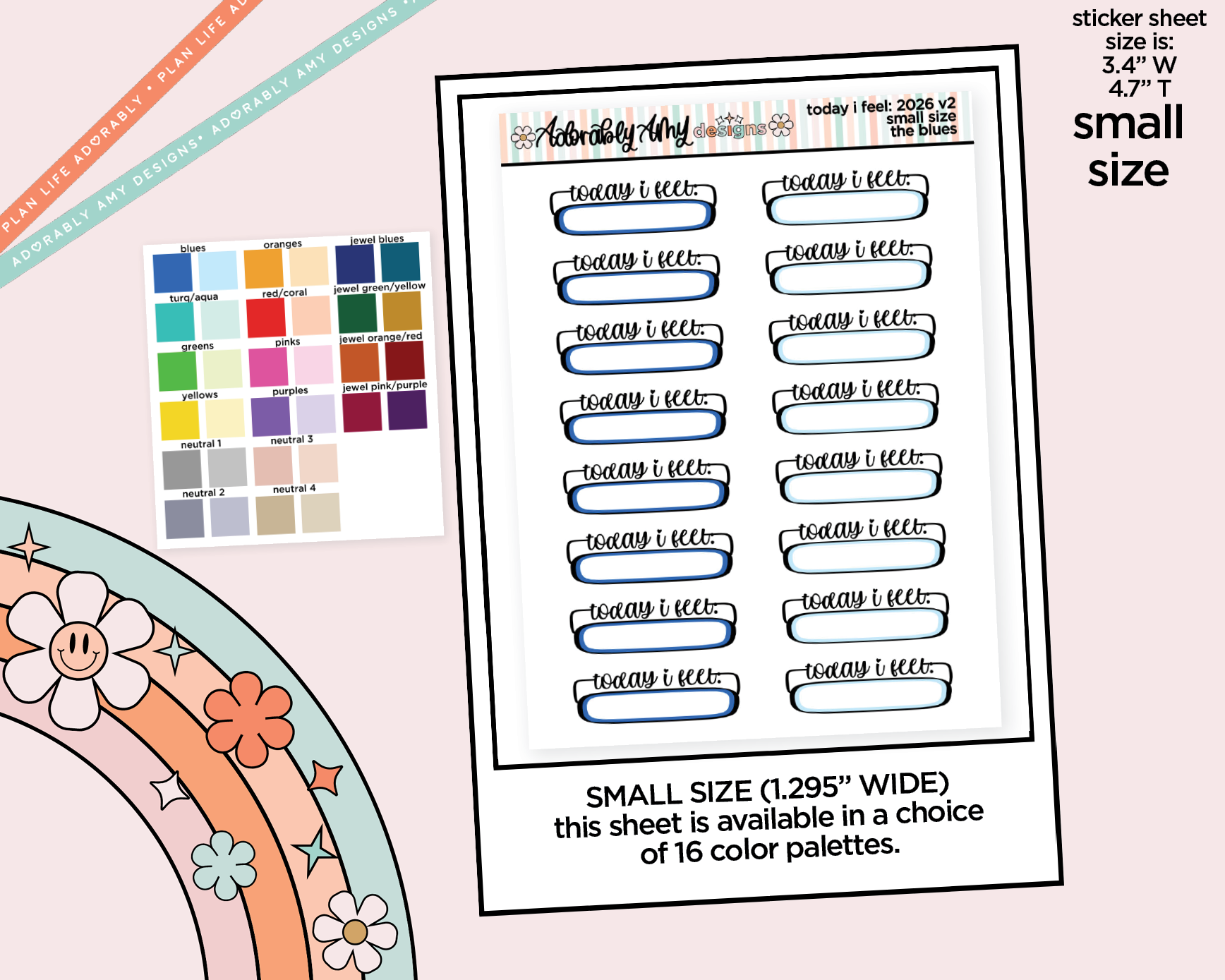 Rainbow Small Size Today I Feel: 2026 - 2 Versions Mood Tracker Boxes Small Size Planner Stickers for Hobonichi Cousin Size Planners - Adorably Amy Designs