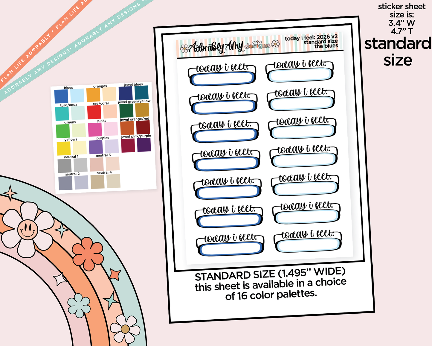 Rainbow Standard Size Today I Feel: 2026 - 2 Versions Mood Tracker Boxes Planner Stickers for any size Planners or Inserts