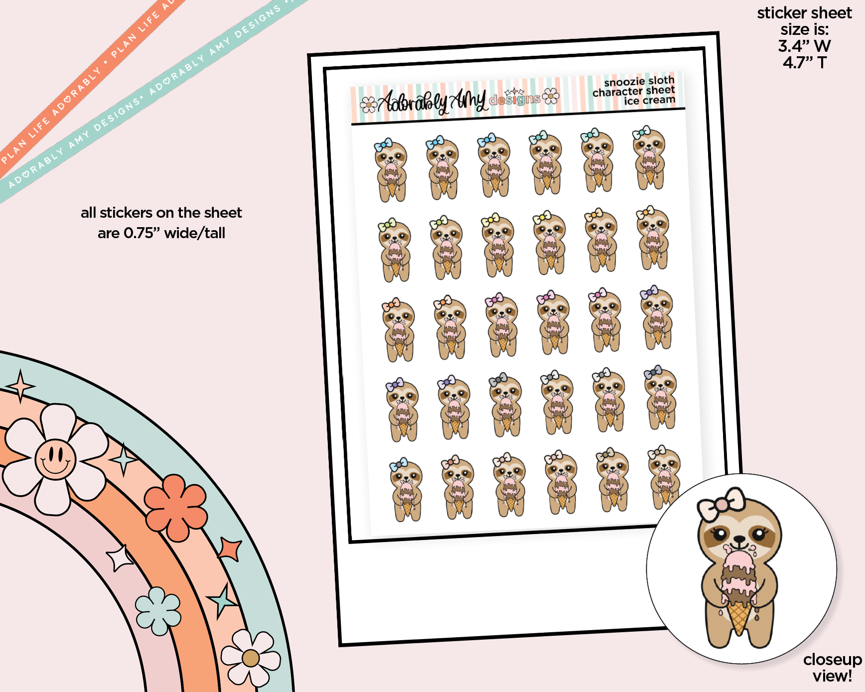 Snoozie Sloth Ice Cream Cone - Get Ice Cream Decoration Character Planner Stickers - Adorably Amy Designs