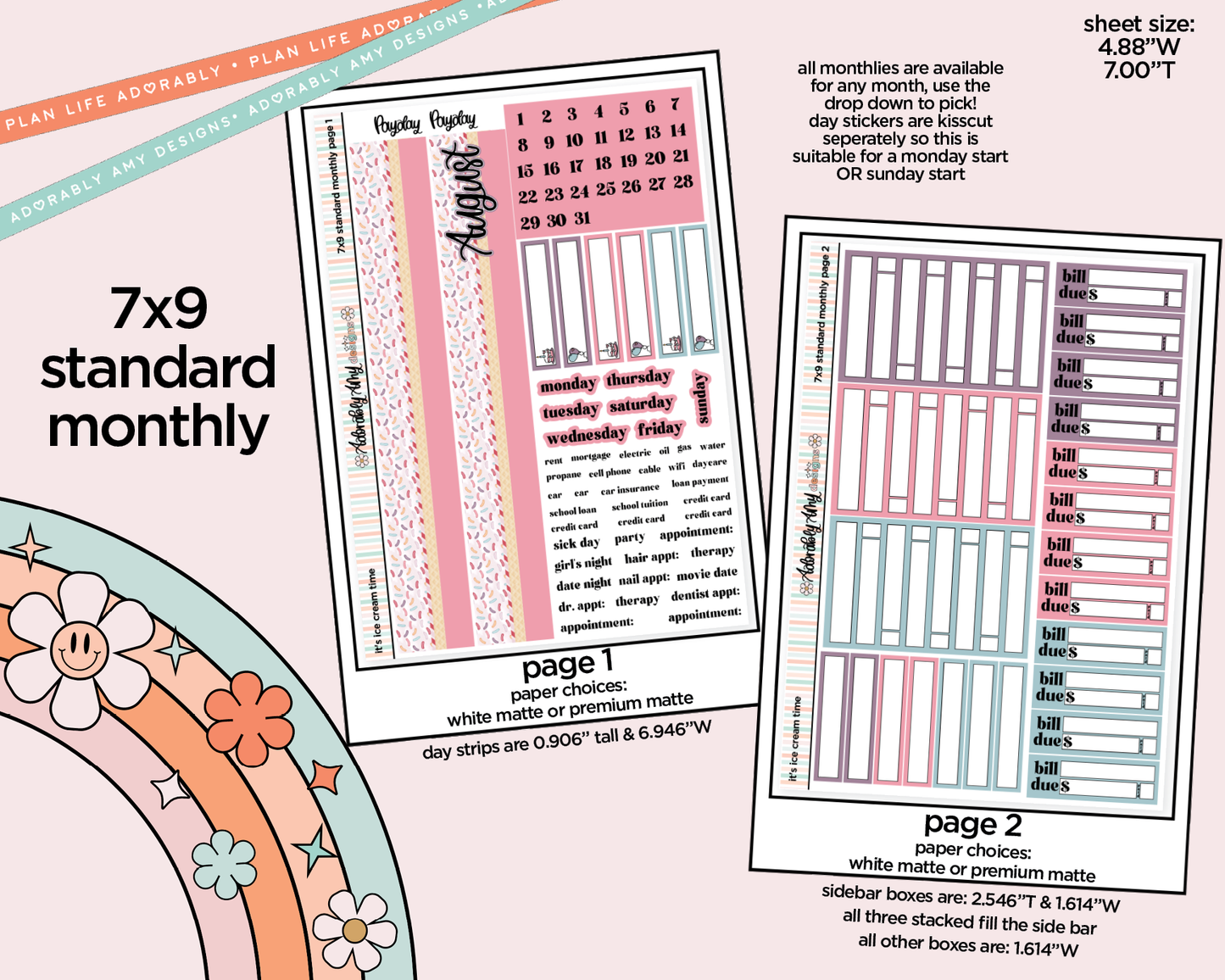 Standard 7x9 Monthly Pick Your Month It's Ice Cream Time Planner Sticker Kit for some 7x9 Planners