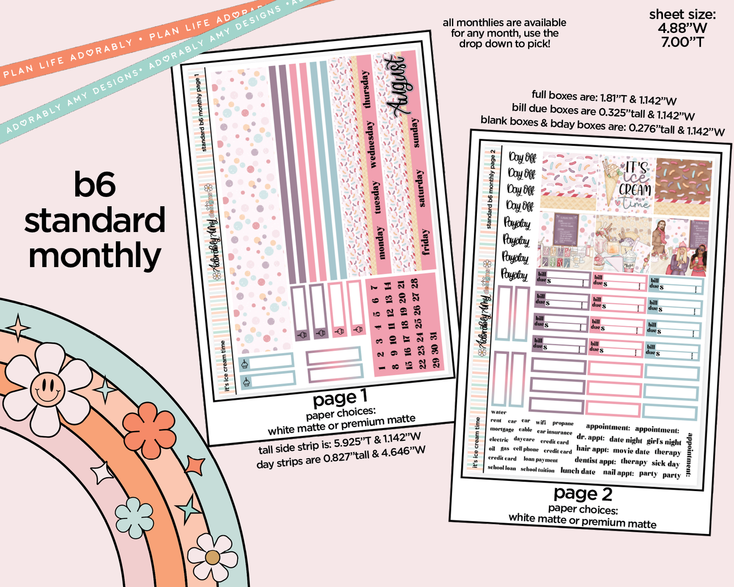 Standard B6 Monthly Pick Your Month It's Ice Cream Time Planner Sticker Kit for some B6 Planners