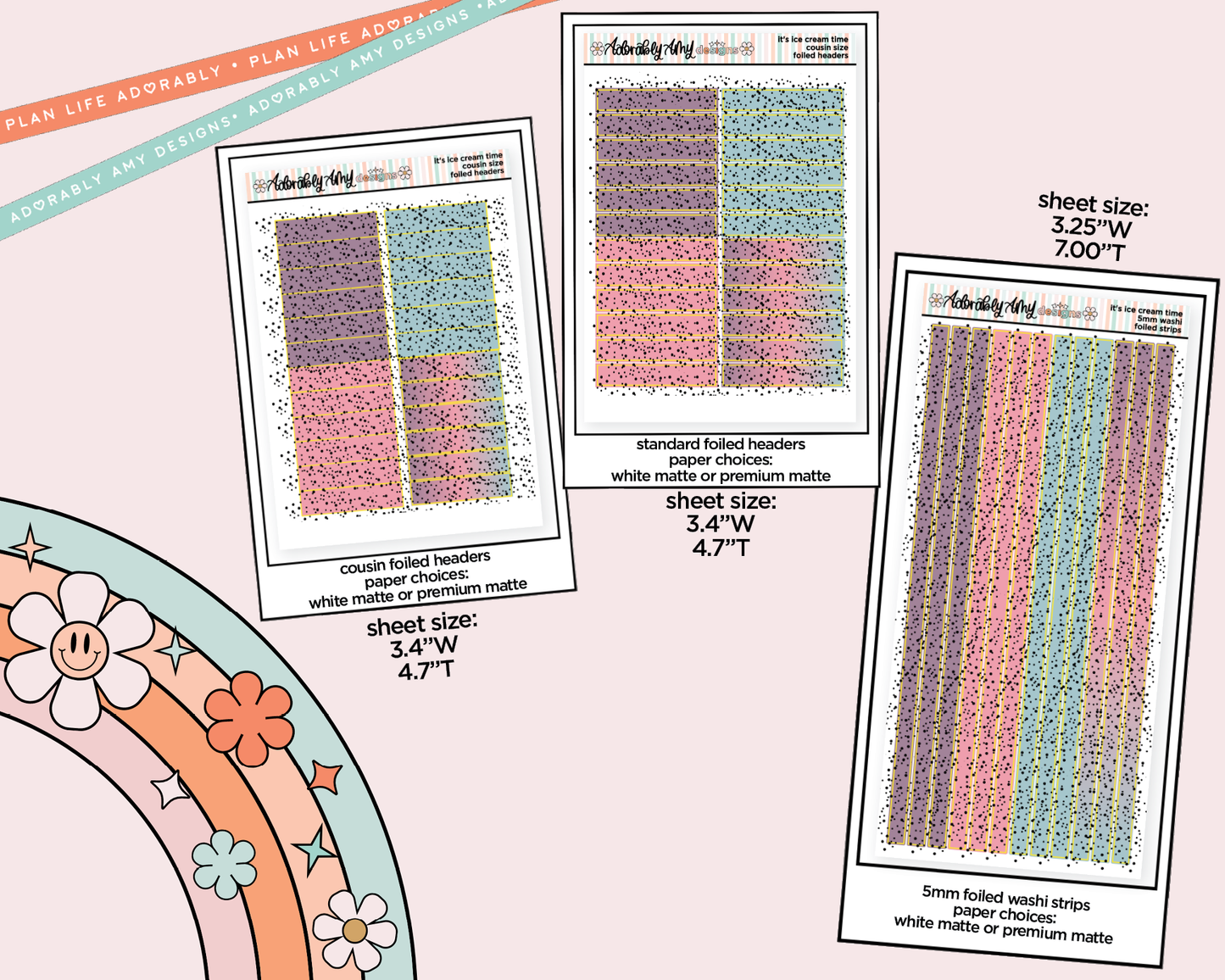 Foiled It's Ice Cream Time Headers or Long Strips Planner Stickers for any Planner or Insert