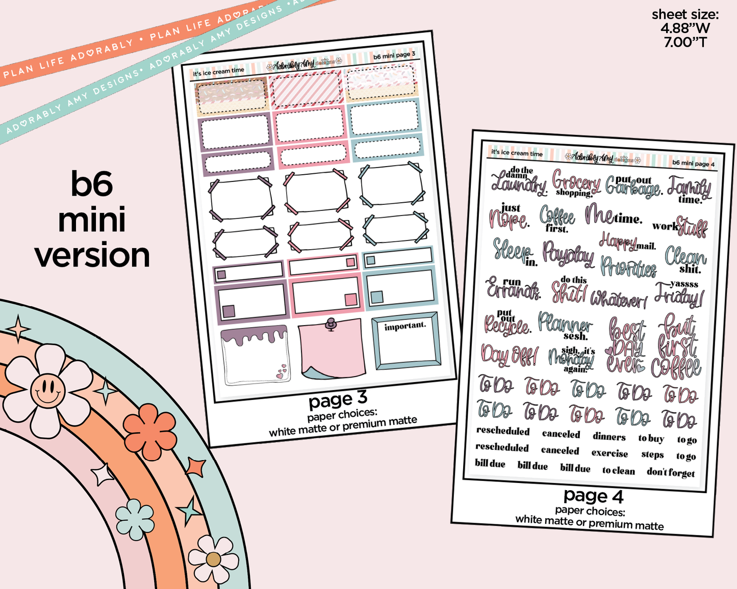 Mini B6 It's Ice Cream Time Weekly Planner Sticker Kit sized for ANY Vertical Insert