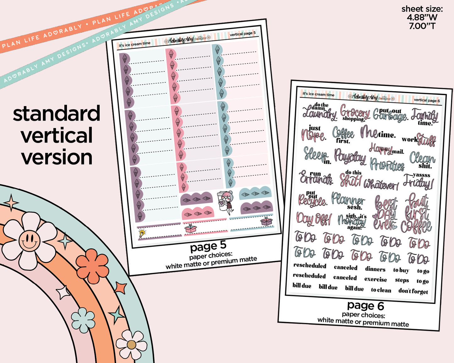 Vertical It's Ice Cream Time Weekly Sticker Kit for Vertical Standard Size Planners or Insert