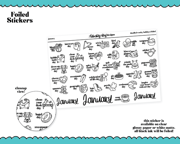 Foiled January Doodled Wacky Holidays Planner Stickers