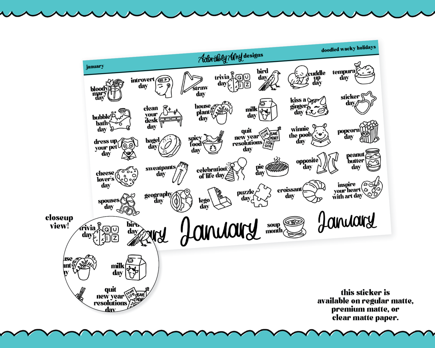 January Doodled Wacky Holidays Reminder Tracker Stickers for any Planner or Insert