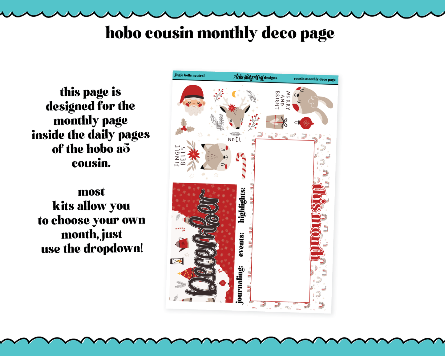 Hobonichi Cousin Monthly Pick Your Month Jingle Bells Neutral Planner Sticker Kit for Hobo Cousin or Similar Planners