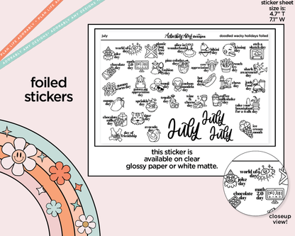 Foiled July Doodled Wacky Holidays Reminder Planner Stickers