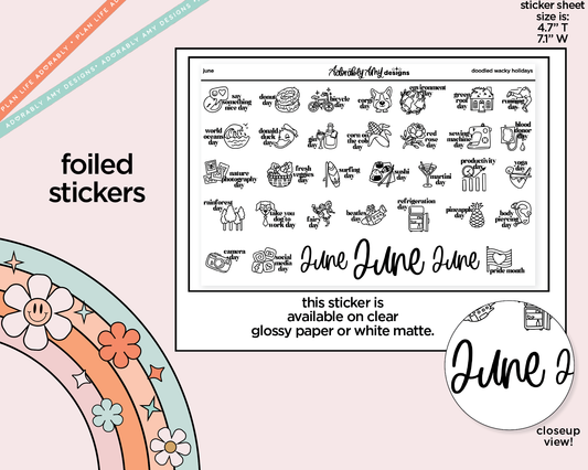 Foiled June Doodled Wacky Holidays Reminder Planner Stickers