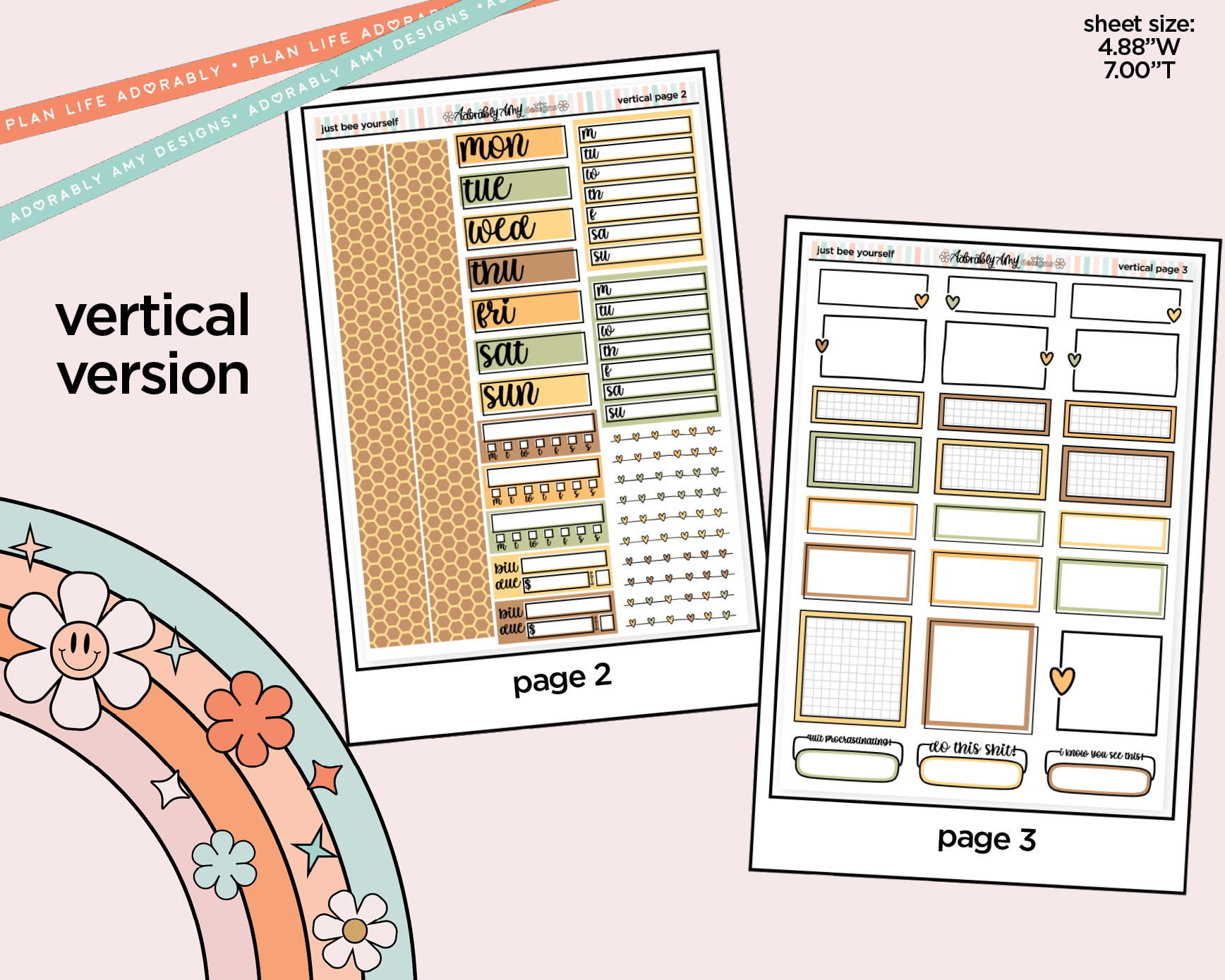 Vertical Just Bee Yourself Sticker Kit for Vertical Standard Size Planners or Insert - Adorably Amy Designs