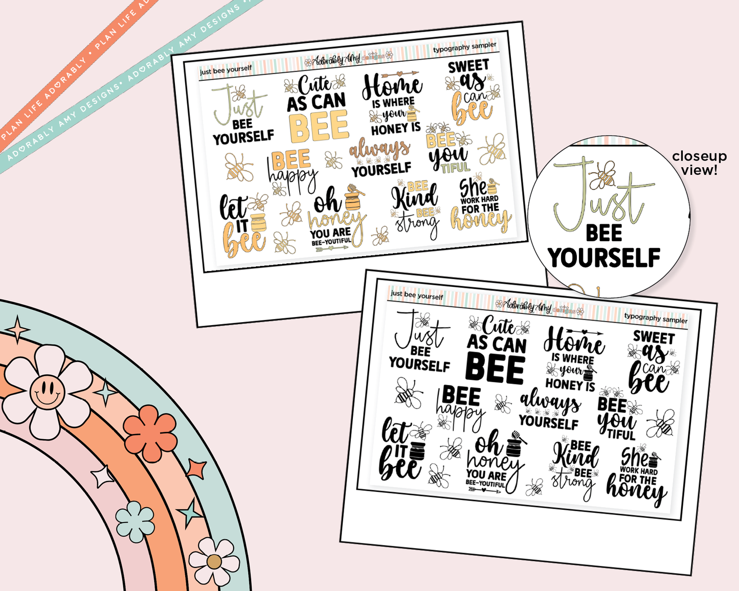 Just Bee Yourself Deco Typography Sampler Planner Stickers - Adorably Amy Designs