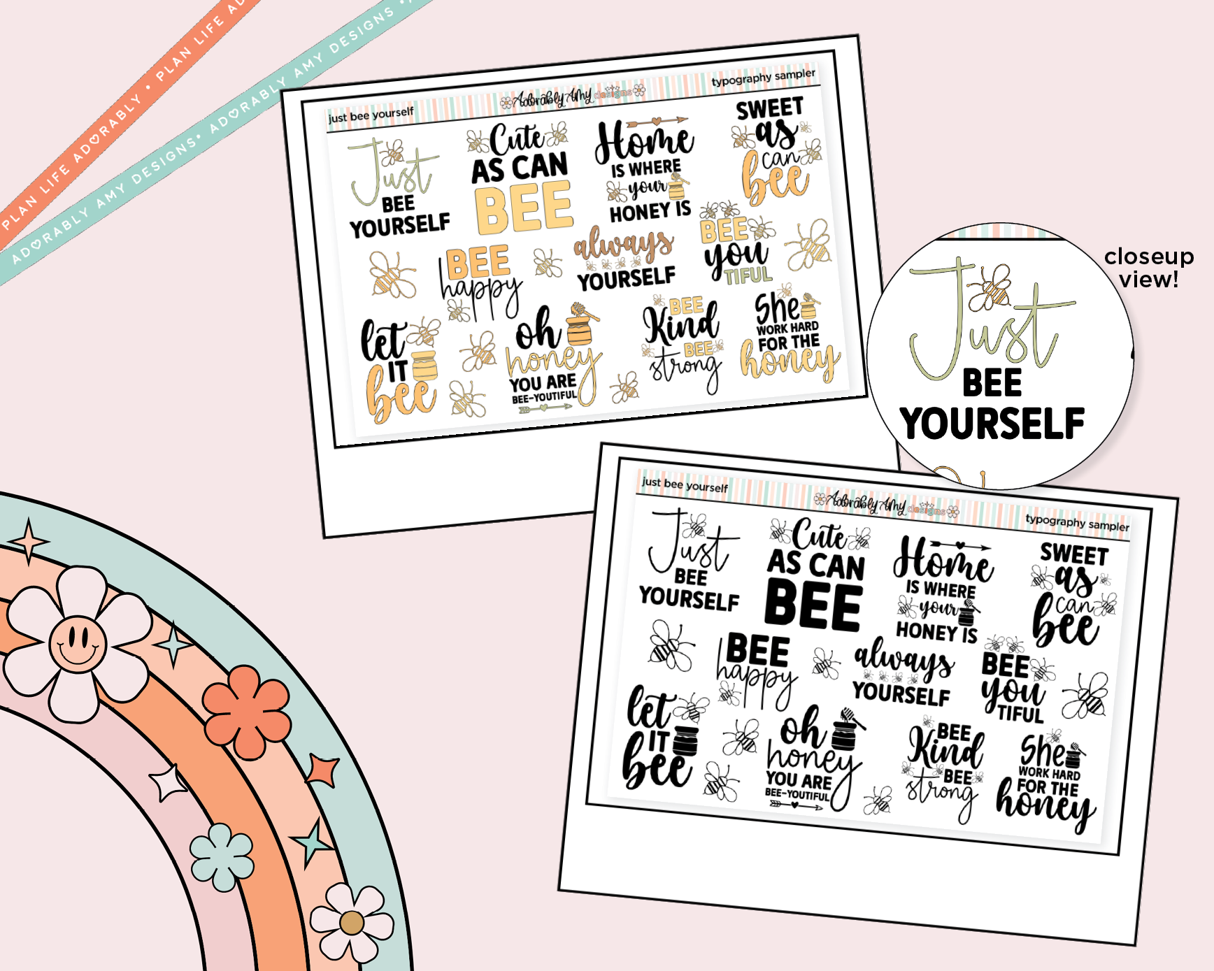 Just Bee Yourself Deco Typography Sampler Planner Stickers - Adorably Amy Designs