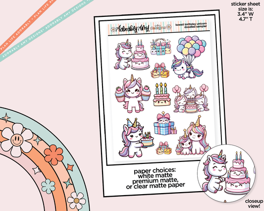 Doodled Kawaii Birthday Unicorn Sampler Decorative Planner Stickers for any Planner or Insert
