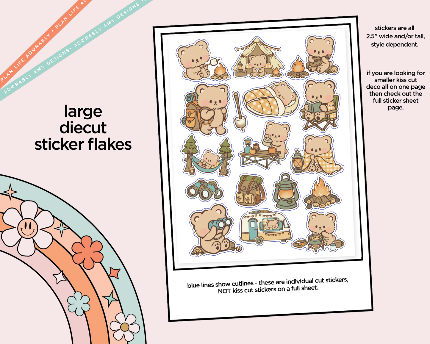 Kawaii Camping Bears Deco Samplers in 3 Sizes Decorative Planner Stickers