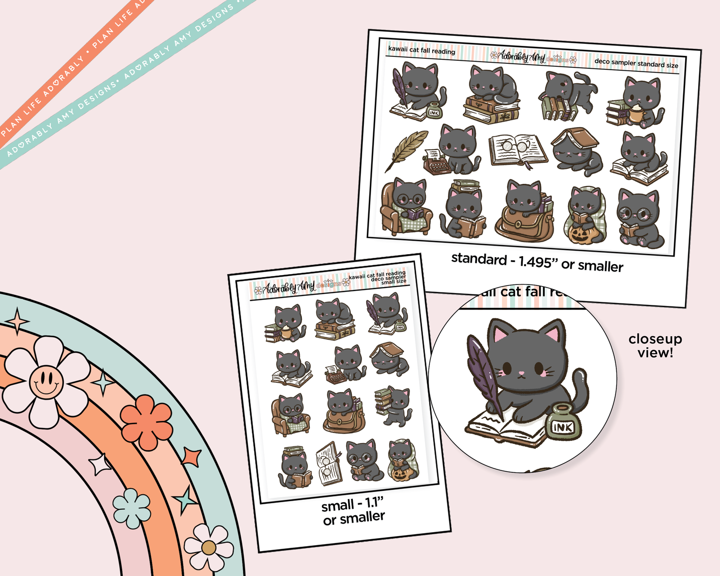 Kawaii Cat Fall Reading Deco Samplers in 3 Sizes Decorative Planner Stickers