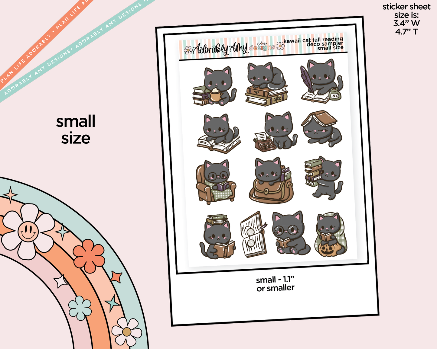 Kawaii Cat Fall Reading Deco Samplers in 3 Sizes Decorative Planner Stickers