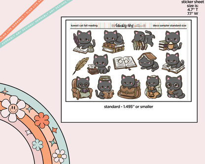 Kawaii Cat Fall Reading Deco Samplers in 3 Sizes Decorative Planner Stickers
