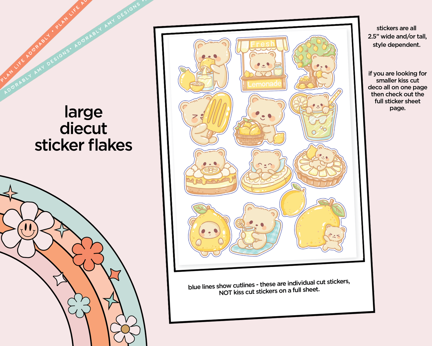 Kawaii Lemon Bears Deco Samplers in 3 Sizes Decorative Planner Stickers