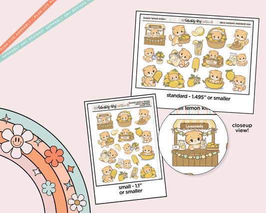 Kawaii Lemon Kitten Deco Samplers in 3 Sizes Decorative Planner Stickers - Adorably Amy Designs
