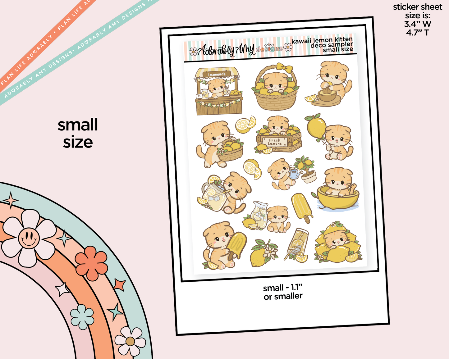 Kawaii Lemon Kitten Deco Samplers in 3 Sizes Decorative Planner Stickers