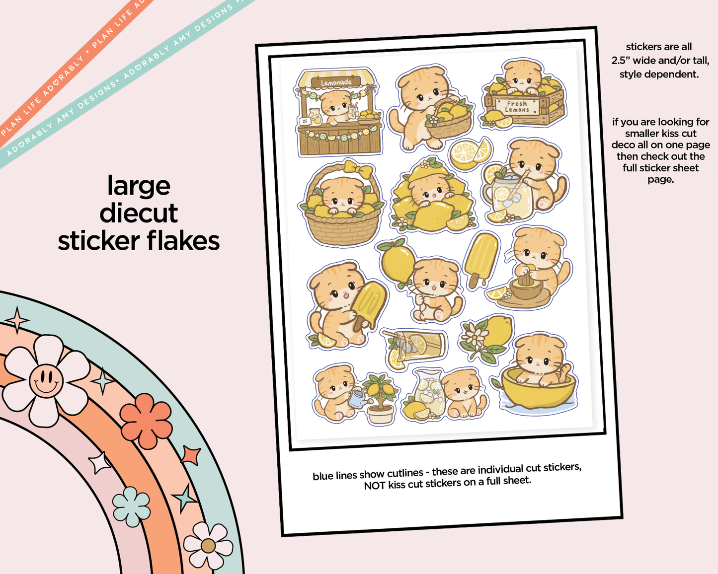 Kawaii Lemon Kitten Deco Samplers in 3 Sizes Decorative Planner Stickers