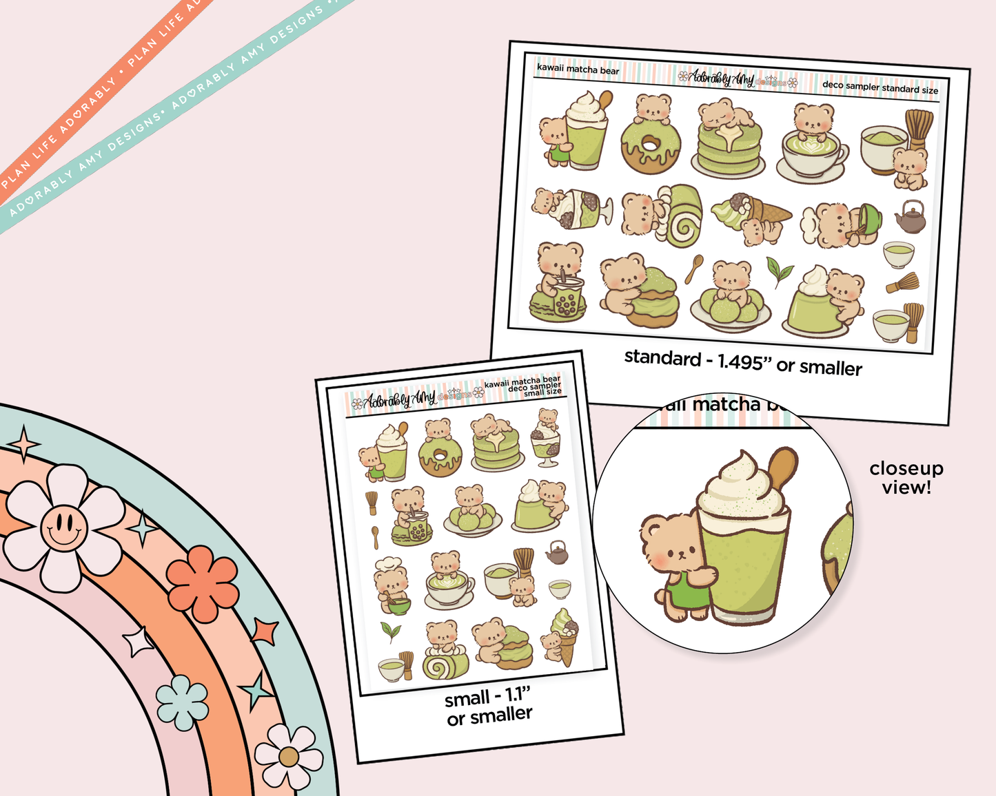 Kawaii Matcha Bear Deco Samplers in 3 Sizes Decorative Planner Stickers