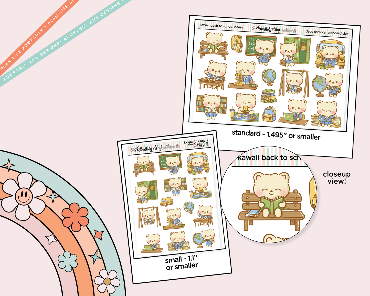Kawaii Back to School Bears Deco Samplers in 3 Sizes Decorative Planner Stickers