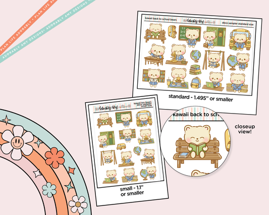 Kawaii Back to School Bears Deco Samplers in 3 Sizes Decorative Planner Stickers - Adorably Amy Designs
